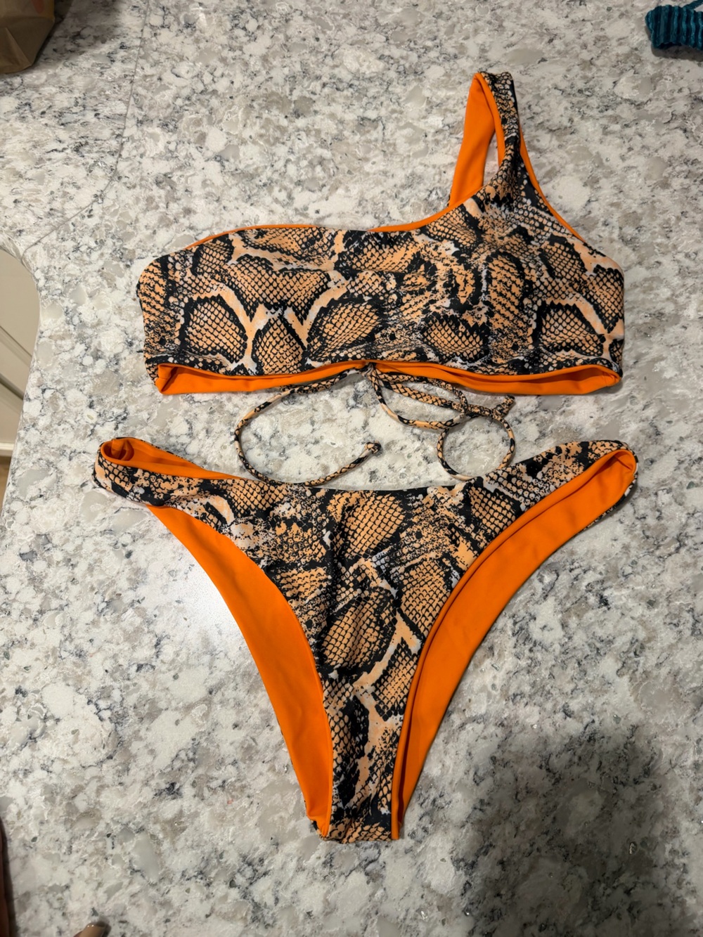 Orange Snake Print One-Shoulder Bikini